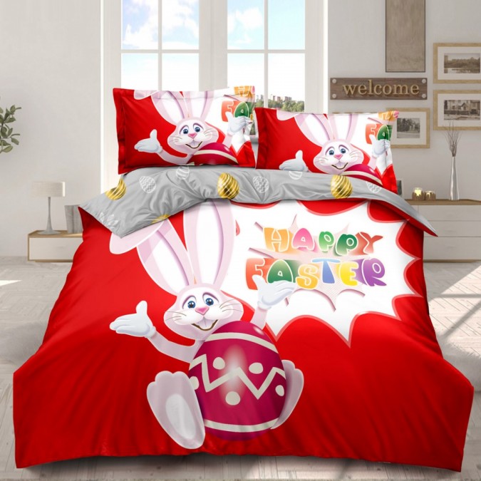 Lenjerie de Pat Dublu, Bumbac Finet, Imprimeu Digital cu Motive Pascale, IDENTIC CU POZA, 4 Piese – Design și Confort Desăvârșit pentru Dormitorul Tău, Roșu, Gri, Iepuraș, Happy Easter