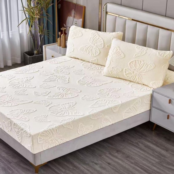 Cearșaf Cocolino 180/200 cm – Elastic 360°,  + 2 Fete Perna, Model Fluturi 3D, Moale și Călduros, Crem [1]
