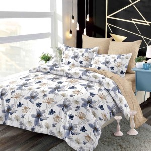 Lenjerie pat dublu,  FINET, cu elastic, 6 piese, Alb, Bej, Flori si Fluturi Lenjerie pat dublu,  FINET, cu elastic, 6 piese, Alb, Bej, Flori si Fluturi