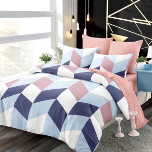 Lenjerie pat dublu,  FINET, cu elastic, 6 piese, Alb, Albastru, Roz, Forme Geometrice