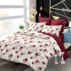 Lenjerie pat dublu, FINET, cu elastic, 6 piese, Crem, Grena, Trandafiri Lenjerie pat dublu, FINET, cu elastic, 6 piese, Crem, Grena, Trandafiri