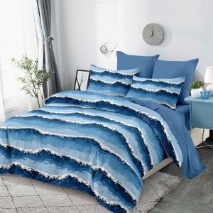 Lenjerie pat dublu,  FINET, cu elastic, 6 piese, Albastru, Valuri