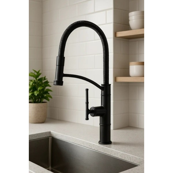 Baterie Bucătărie Neagră Tip Industrial cu Furtun Flexibil – Design Modern și Practic, vst128 [1]