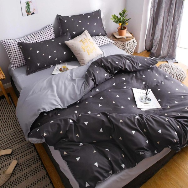 Lenjerie pat dublu (140x200cm, 160x200cm, 180x200cm), bumbac satinat, cearsaf clasic, 4 piese,  Gri, forme geometrice [1]