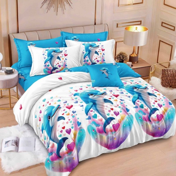 Lenjerie pat dublu (160x200cm, 180x200cm),  FINET, 6 piese, cu ELASTIC, Alb, Bleu, delfini [1]