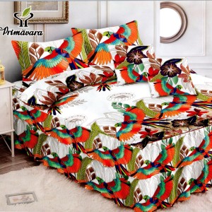Lenjerie Premium Pat Dublu  FINET, 6 Piese – Volanase Sofisticate, Fixare Perfecta cu Elastic, Alb, Multicolor, Papagali
