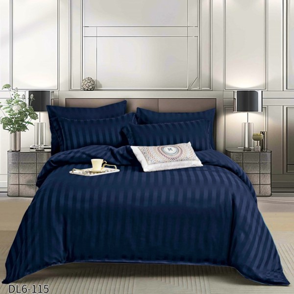 Lenjerie HoReCa, pat dublu, tip Damasc Finetat Deluxe cu Elastic, 6 piese, Bleumarin [1]