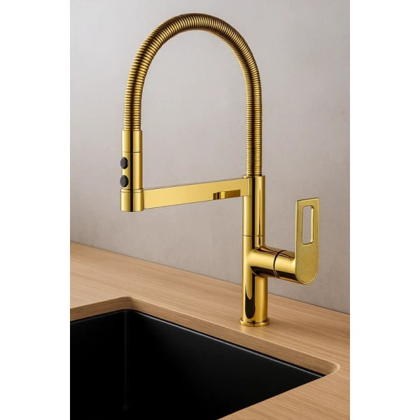 Baterie Bucătărie auriu 49 cm cu Duș Extractibil și Rotire 360° – Design Modern și Funcționalitate Superioară, vst58 [1]