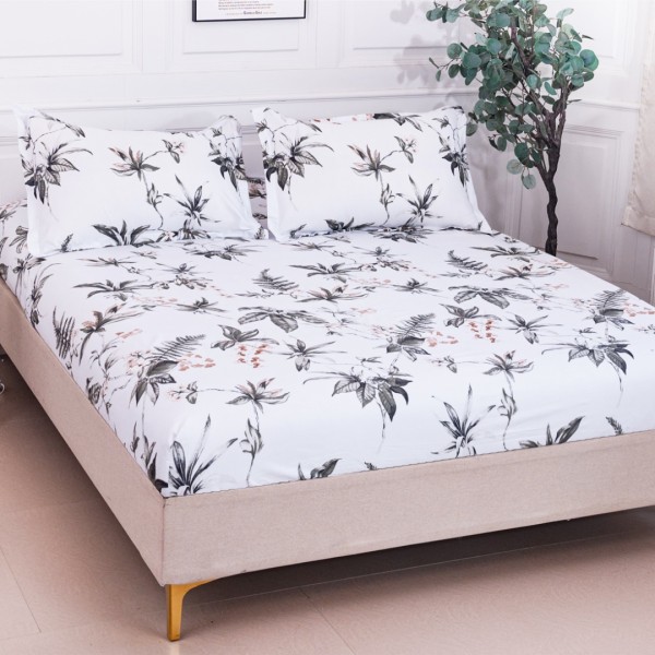 Cearsaf cu Elastic 180x200 cm + 2 Fete de Perna 50x70 cm, Alb, Frunze Gri [1]
