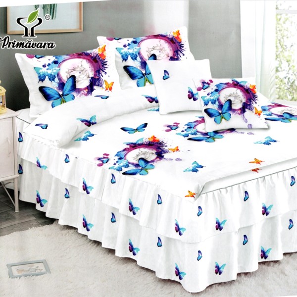 Lenjerie Premium Pat Dublu  FINET, 6 Piese – Volanase Sofisticate, Fixare Perfecta cu Elastic, Alb, Bleu, Mov, Fluturi [1]