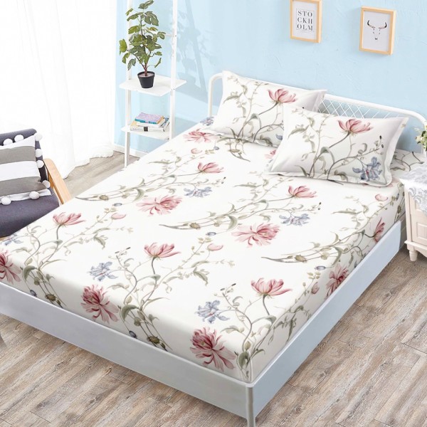 Cearsaf cu elastic, Bumbac FINET, 160x200cm, 2 fete de perne 50x70cm, Bej, Flori [1]