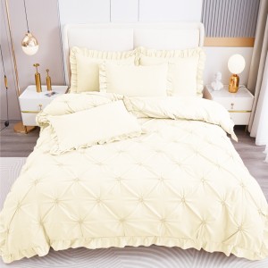 Lenjerie de Pat Premium, Bumbac Finet, Pliuri Brodate cu Volanase, 4 Piese, Nesifonabilă și Durabilă, Crem