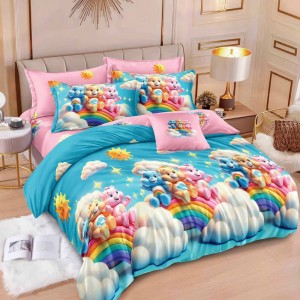 Lenjerie pat dublu (160x200cm, 180x200cm),  FINET, 6 piese, cu ELASTIC, Bleu, Roz, ursuleti, curcubeu