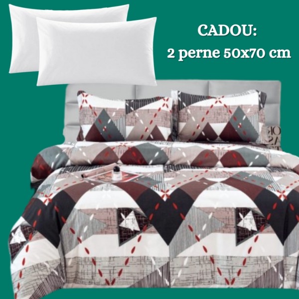 Lenjerie de Pat 4 Piese din Bumbac Satinat cu Cearsaf cu Elastic + 2 Perne Cadou 50x70 cm, cod INS-LSG163 [1]