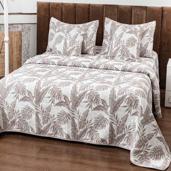 Cuvertura Pat Dublu, Bumbac cu In, Model Brodat Direct în Tesatura, 230x250 cm, 2 fete de perna 52x72cm, 2 fete de perna 46x46cm, Alb, Bej, Frunze [1]