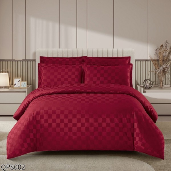 Lenjerie HoReCa, Pat Dublu, Damasc Finetat Deluxe cu Elastic, Țesătură cu Pătrățele, 4 piese, Grena [1]