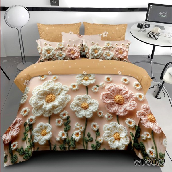 Lenjerie pat dublu, FINET, 5D Digital Print, cu Elastic, 4 piese, Bej, Flori Brodate [1]
