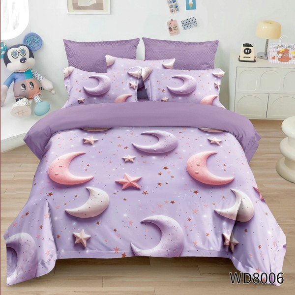 Lenjerie pat dublu, FINET, 5D Digital Print, cu Elastic, 4 piese, Lila, Stele si Luna [1]