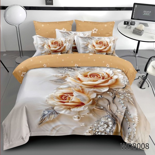 Lenjerie pat dublu, FINET, 5D Digital Print, cu Elastic, 4 piese, Bej, Trandafiri [1]