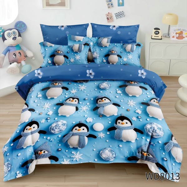 Lenjerie pat dublu, FINET, 5D Digital Print, cu Elastic, 4 piese, Bleu, Pinguini [1]
