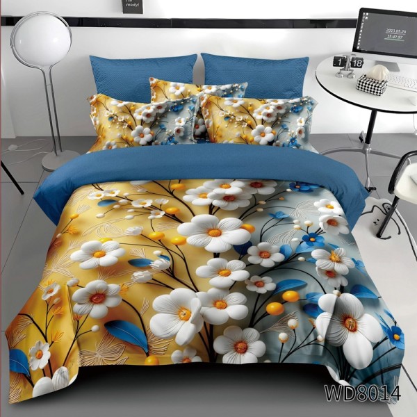 Lenjerie pat dublu, FINET, 5D Digital Print, cu Elastic, 4 piese, Albastru, Galben, Flori Albe [1]