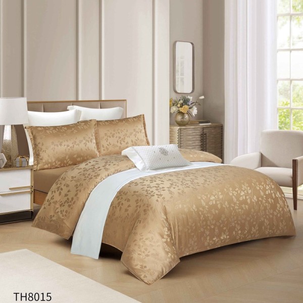 Lenjerie de Pat Dublu, Jacquard Finetat – 4 Piese, Luciu Satinat Rafinat și Confort Premium, Bej Gold [1]