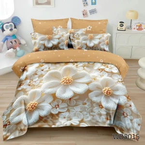 Lenjerie pat dublu, FINET, 5D Digital Print, cu Elastic, 4 piese, Bej, Flori Albe Brodate