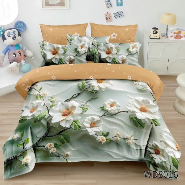Lenjerie pat dublu, FINET, 5D Digital Print, cu Elastic, 4 piese, Verde, Bej, Flori de Iasomie [1]