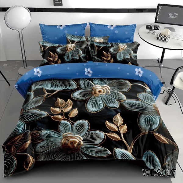 Lenjerie pat dublu, FINET, 5D Digital Print, cu Elastic, 4 piese, Bleumarin, Albastru, Flori Brodate [1]