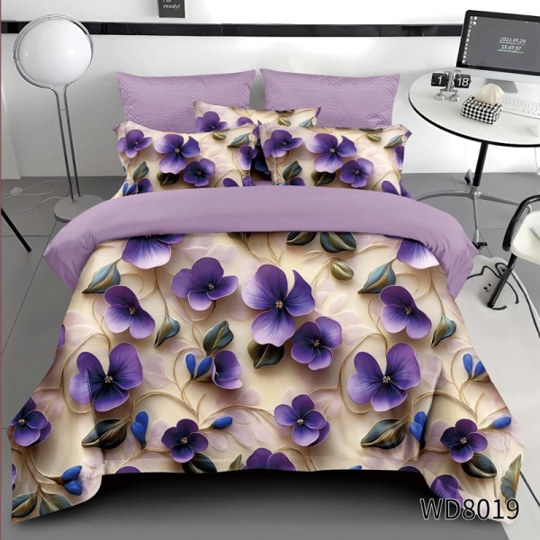 Lenjerie pat dublu, FINET, 5D Digital Print, cu Elastic, 4 piese, Bej, Mov, Violete [1]