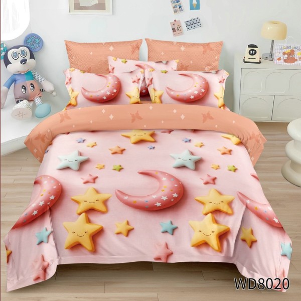 Lenjerie pat dublu, FINET, 5D Digital Print, cu Elastic, 4 piese, Roz, Stele si Luna [1]