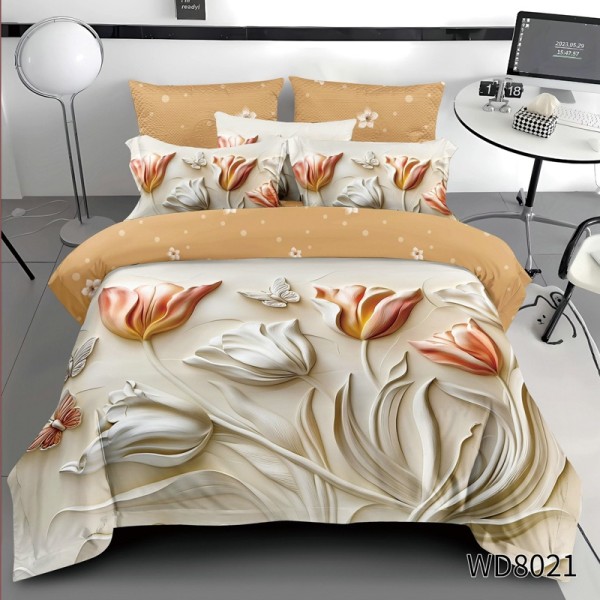 Lenjerie pat dublu, FINET, 5D Digital Print, cu Elastic, 4 piese, Bej, Lalele [1]