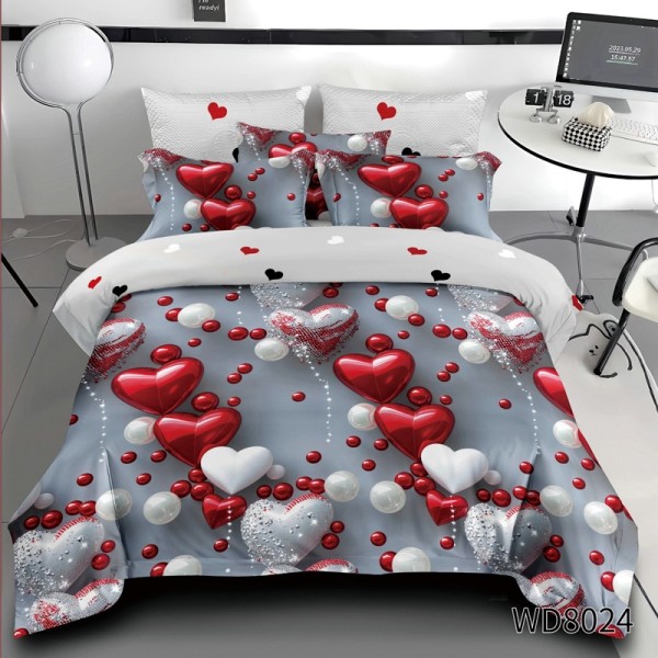 Lenjerie pat dublu, FINET, 5D Digital Print, cu Elastic, 4 piese, Gri, Inimioare Rosii si Albe [1]