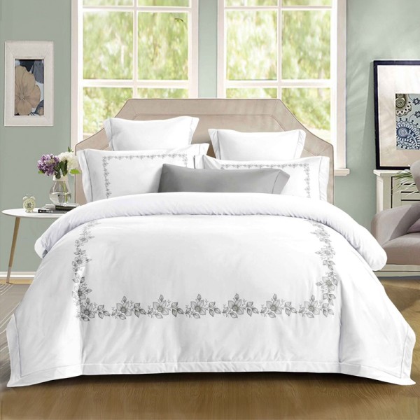Lenjerie pat dublu, Primăvara,  FINET, Cearsaf cu Elastic 180x200cm, 4 piese, Alb, Gri, model elegant clasic - Lux Absolut, Delicatețe și Eleganță Desăvârșită [1]
