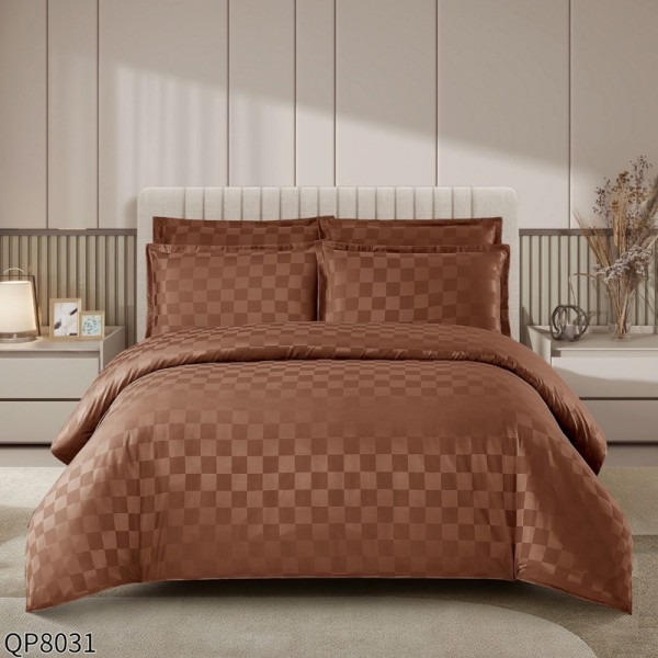Lenjerie HoReCa, Pat Dublu, Damasc Finetat Deluxe cu Elastic, Țesătură cu Pătrățele, 4 piese, Maro [1]