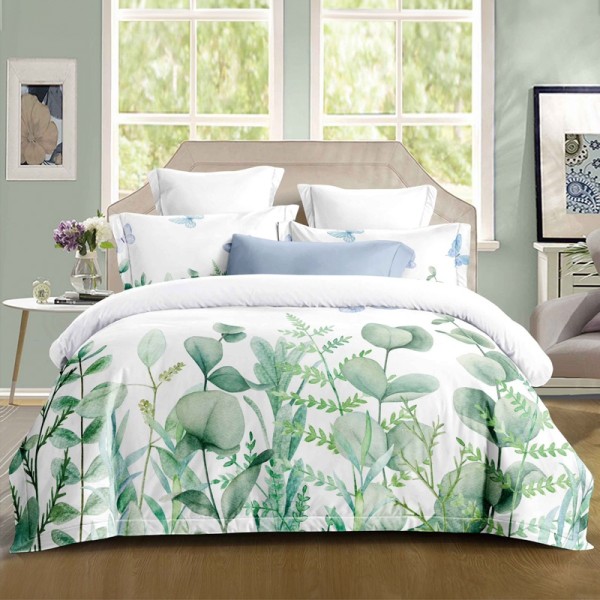 Lenjerie pat dublu, Primăvara,  FINET, Cearsaf cu Elastic 180x200cm, 4 piese, Alb, Verde, model elegant clasic - Lux Absolut, Delicatețe și Eleganță Desăvârșită [1]
