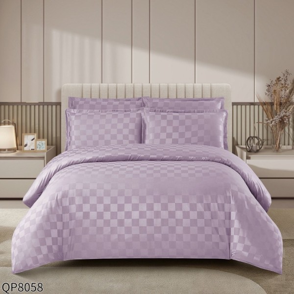 Lenjerie HoReCa, Pat Dublu, Damasc Finetat Deluxe cu Elastic, Țesătură cu Pătrățele, 4 piese, Lila [1]