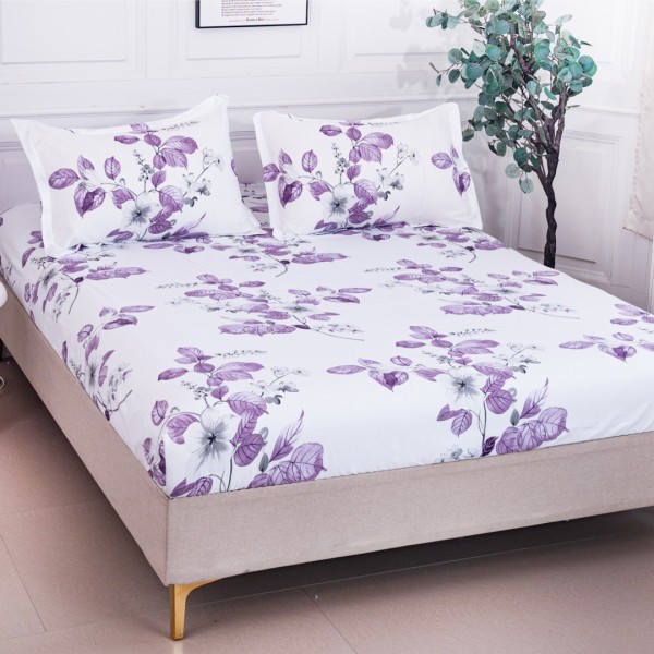 Cearsaf cu Elastic 180x200 cm + 2 Fete de Perna 50x70 cm, Alb, Flori cu Frunze Mov [1]