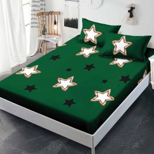 Cearsaf cu elastic, FINET, 180x200cm, 2 fete de perne 50x70cm, Verde, stelute