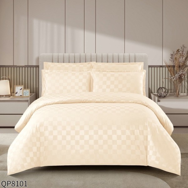 Lenjerie HoReCa, Pat Dublu, Damasc Finetat Deluxe cu Elastic, Țesătură cu Pătrățele, 4 piese, Crem [1]