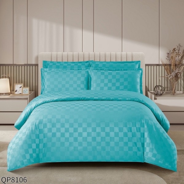 Lenjerie HoReCa, Pat Dublu, Damasc Finetat Deluxe cu Elastic, Țesătură cu Pătrățele, 4 piese, Bleu [1]