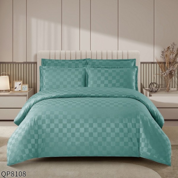 Lenjerie HoReCa, Pat Dublu, Damasc Finetat Deluxe cu Elastic, Țesătură cu Pătrățele, 4 piese, Menta [1]