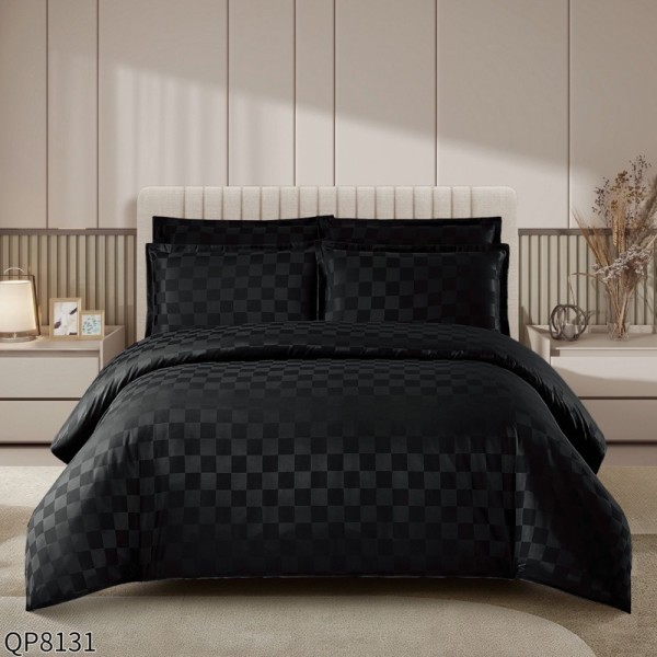 Lenjerie HoReCa, Pat Dublu, Damasc Finetat Deluxe cu Elastic, Țesătură cu Pătrățele, 4 piese, Negru [1]