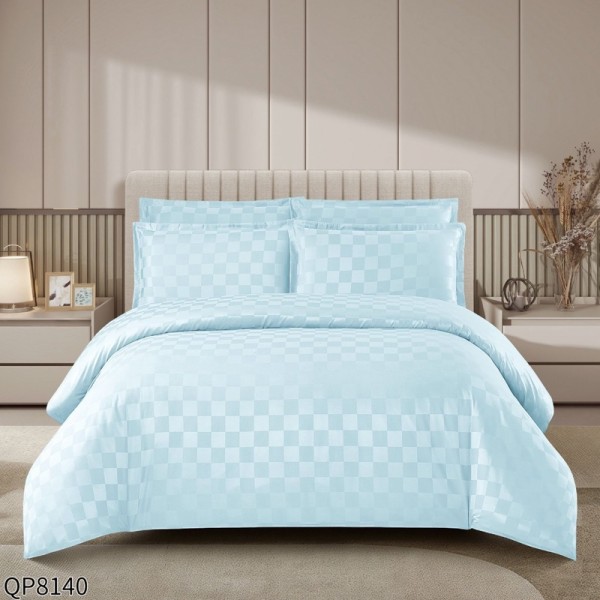 Lenjerie HoReCa, Pat Dublu, Damasc Finetat Deluxe cu Elastic, Țesătură cu Pătrățele, 4 piese, Bleu Ice [1]