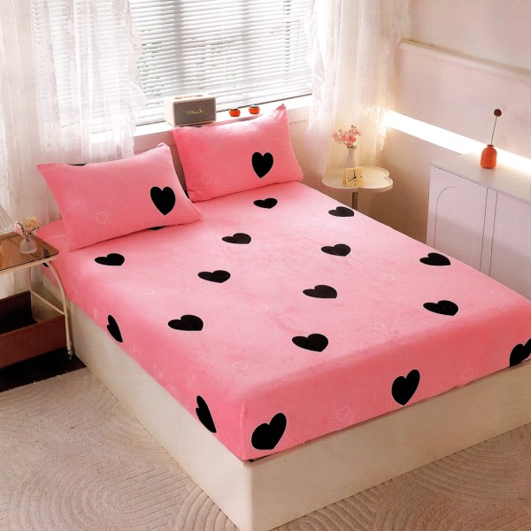 Cearsaf cu Elastic Cocolino 180x200x25 cm – Set cu 2 Fete de Perna, Gros si Pufos, Calitate Premium pentru Confort si Eleganta, Roz, Negru, Inimioare [1]