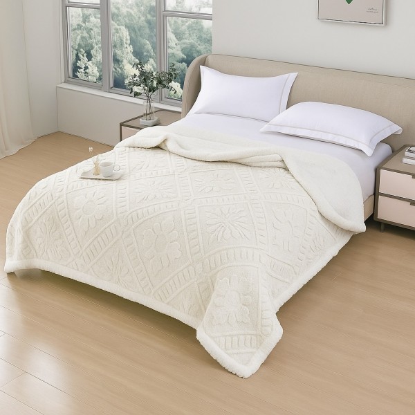   Pătură Cocolino cu Model Traditional 3D cu Blăniță Sherpa, cu Fermoar, 200x230 cm, Ivoire [1]