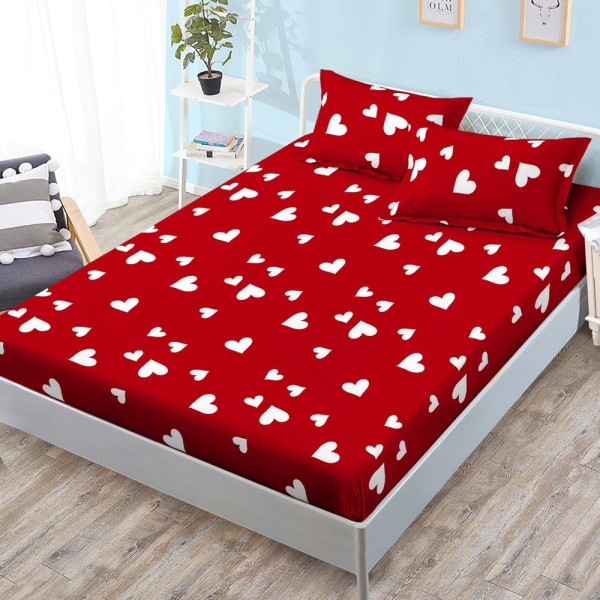 Cearsaf cu elastic, FINET, 180x200cm, 2 fete de perne 50x70cm, Rosu, inimioare [1]