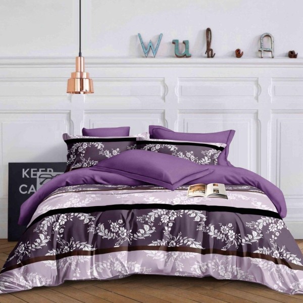 Lenjerie pat dublu (140x200cm, 160x200cm, 180x200cm), FINET, 6 piese, Mov, flori [1]