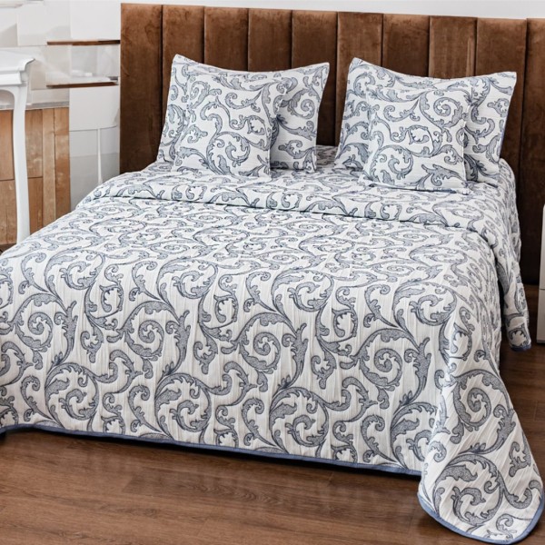 Cuvertura Pat Dublu, Bumbac cu In, Model Brodat Direct în Tesatura, 230x250 cm, 2 fete de perna 52x72cm, 2 fete de perna 46x46cm, Alb, Albastru, Model Tribal [1]