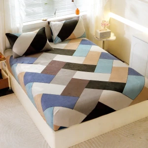 Cearsaf cu Elastic Cocolino 180x200cm si 2 fete de perna 50x70cm, Gri, Crem, Bleu, Negru, Zig-Zag